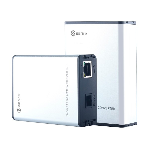 Comprar SAFIRE SF-MC1GE-SC-20KM Safire Kit (2) conversor de medios industrial  - 1x Puerto Ethernet RJ45 - 1x Conector SC Simple