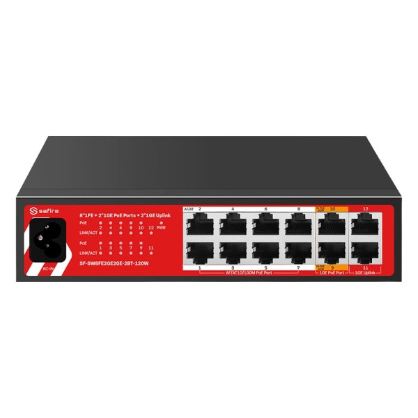 Comprar SAFIRE SF-SW8FE2GE2GE-2BT-120W Safire Switch Hi-PoE - 10 puertos PoE + 2 Uplink RJ45 - 8x10/100Mbps + 4x10/100/1000Mbps 