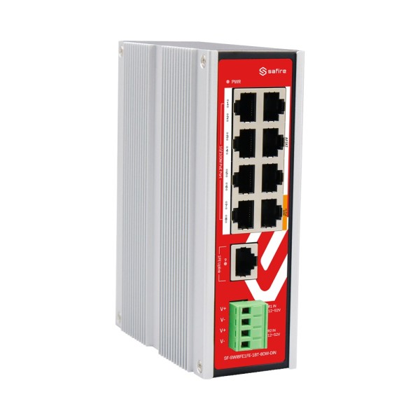 Comprar SAFIRE SF-SWI8FE1FE-1BT-80W-DIN Safire Industrial Hi-PoE DIN Switch  - 8 puertos FE PoE + 1 Uplink RJ45 -  8x10/100Mbps 