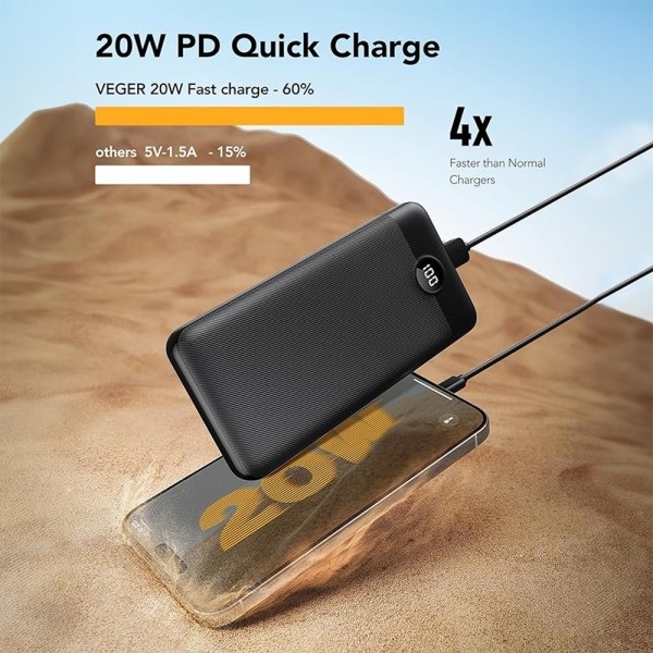 Acheter VEGER VG-W2081 VEGER batterie externe avec écran LCD - Capacité 20000 mAh - Entrées 2x USB-C - Sorties 2x USB-C et 1x US