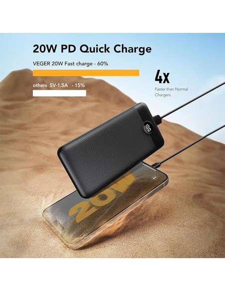 Acheter VEGER VG-W2081 VEGER batterie externe avec écran LCD - Capacité 20000 mAh - Entrées 2x USB-C - Sorties 2x USB-C et 1x US