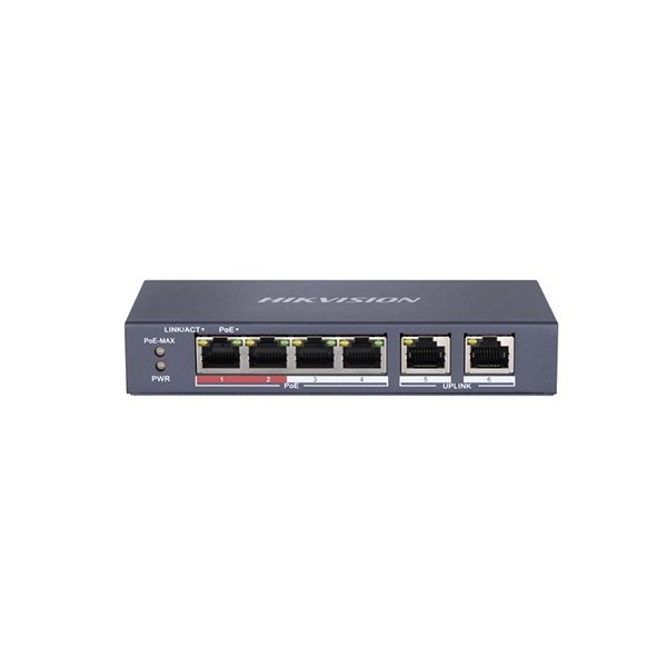 Acquistare HIKVISION BASIC DS-3E0106P-E-M HIKBASIC. Switch PoE+ a 4 porte in rame 10/100 (4 porte PoE+ esteso 300 m) + 2 po