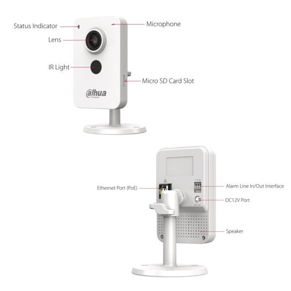Acheter DAHUA IPC-K1230K-STW C2K-P - Cube IP H265 2MP Jour/Nuit IR 30 m 2.8mm SD 12V Entrée/Sortie MIC/Haut-parleur PoE WiFi