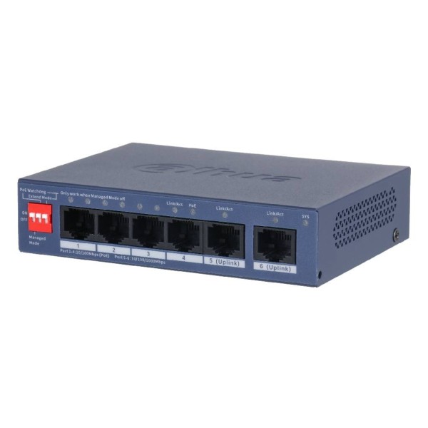 Acheter DAHUA CS4006-4ET2GT-36 switch PoE 4 ports 10/100 + 2 RJ45 uplink Gigabit 36 W, gérable sur Cloud, couche 2