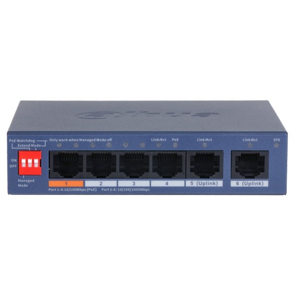 Acheter DAHUA CS4006-4ET2GT-60 Switch PoE 4 ports 10/100 + 2RJ45 Uplink Gigabit 60W gérable dans le Cloud Layer2