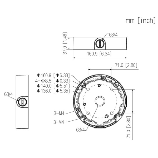 Kaufen DAHUA PFA138-B-V3 runde Anschlussdose für HDBWx Dahua mit 3- oder 4-Punkt-Befestigung. Farbe: Schwarz