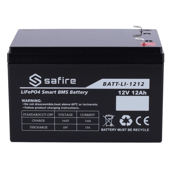 Comprar SAFIRE BATT-LI-1212 Batería recargable - Litio LiFePO4 - Tensión 12V - Capacidad 12Ah - 3000 ciclos - 151 (An) x 99 (Al)