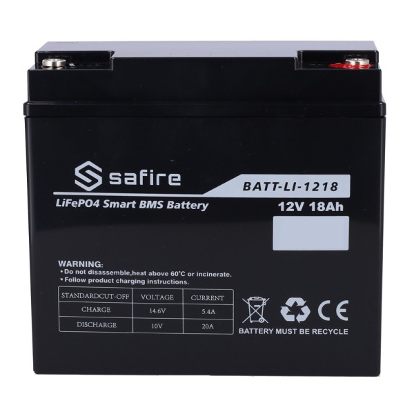 Comprar SAFIRE BATT-LI-1218 Batería recargable - Litio LiFePO4 - Tensión 12V - Capacidad 18Ah - 3000 ciclos - 151 (An) x 99 (Al)
