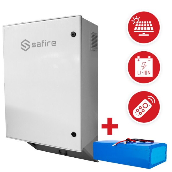 Comprar SAFIRE SF-BOX08SOL-BMS-IP55-4800WH Armario de poliéster carga rápida Solar - Magnetotérmico y SPD - Dimensiones exterior