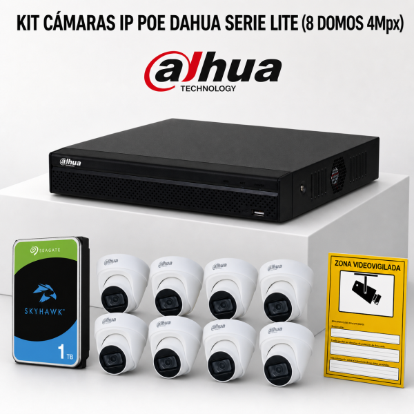 KIT-DAHUA-IP-8DOMO KIT 8 CÁMARAS DOMO DAHUA IP POE ONVIF. SISTEMA COMPLETO VIDEOVIGILANCIA CCTV TIENDA, HOGAR, O EMPRESA.