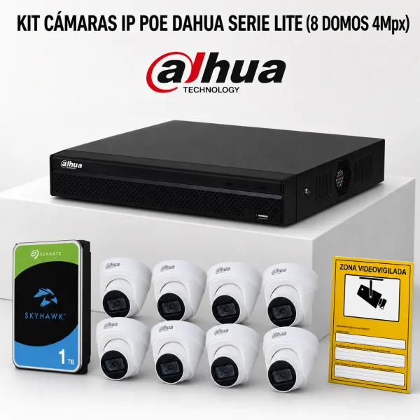 KIT-DAHUA-IP-8DOMO KIT 8 CAMÉRAS DÔME DAHUA IP POE ONVIF. SYSTÈME COMPLET DE VIDÉOSURVEILLANCE CCTV POUR MAGASIN, DOMICILE OU EN