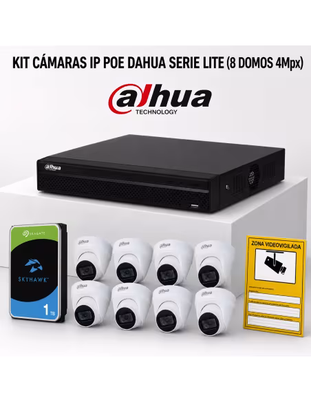 KIT-DAHUA-IP-8DOMO KIT 8 CÁMARAS DOMO DAHUA IP POE ONVIF. SISTEMA COMPLETO VIDEOVIGILANCIA CCTV TIENDA, HOGAR, O EMPRESA.