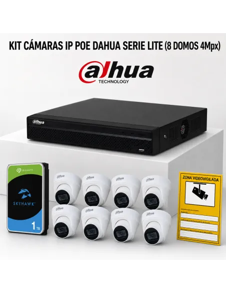 KIT-DAHUA-IP-8DOMO KIT 8 CAMÉRAS DÔME DAHUA IP POE ONVIF. SYSTÈME COMPLET DE VIDÉOSURVEILLANCE CCTV POUR MAGASIN, DOMICILE OU EN