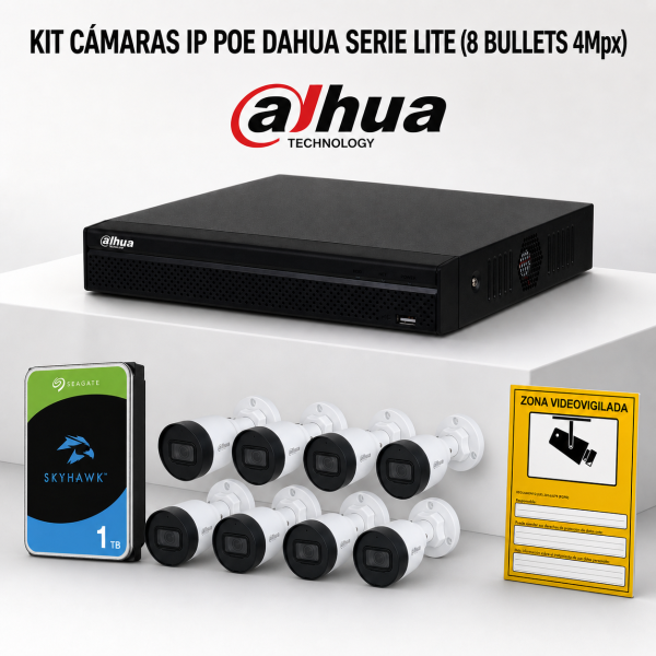 KIT-DAHUA-IP-8BULLET KIT 8 TELECAMERE BULLET DAHUA IP POE ONVIF. SISTEMA COMPLETO DI VIDEOSORVEGLIANZA CCTV PER NEGOZIO, CASA O 
