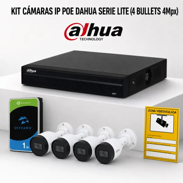 KIT-DAHUA-IP-4BULLET KIT 4 TELECAMERE BULLET DAHUA IP POE ONVIF. SISTEMA COMPLETO DI VIDEOSORVEGLIANZA CCTV PER NEGOZIO, CASA O 