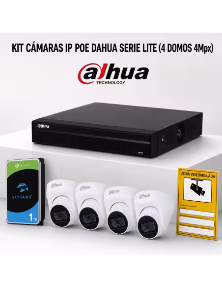 KIT-DAHUA-IP-4DOMO KIT 4 CAMÉRAS DÔME DAHUA IP POE ONVIF. SYSTÈME COMPLET DE VIDÉOSURVEILLANCE CCTV POUR MAGASIN, MAISON OU ENTR