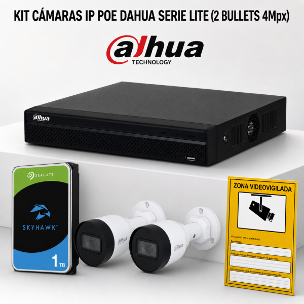 KIT-DAHUA-IP-2BULLET KIT 2 DAHUA IP POE Bullet-Kameras mit ONVIF. Komplettes Videoüberwachungssystem (CCTV) für Geschäft, Zuhaus