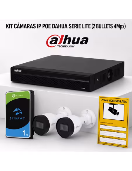 KIT-DAHUA-IP-2BULLET KIT 2 TELECAMERE BULLET DAHUA IP POE ONVIF. SISTEMA COMPLETO DI VIDEOSORVEGLIANZA CCTV PER NEGOZIO, CASA O 