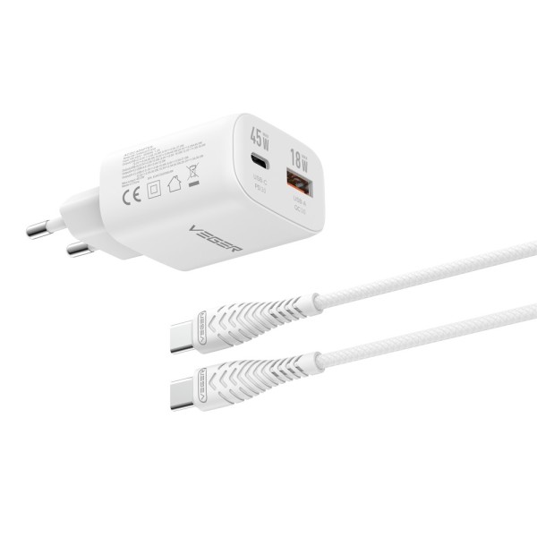 Acheter VEGER VG-TR101-45W1A1C VEGER - Chargeur mural - Charge rapide 45W | Avec technologie GaN - Sorties USB-C, USB-A - Câble