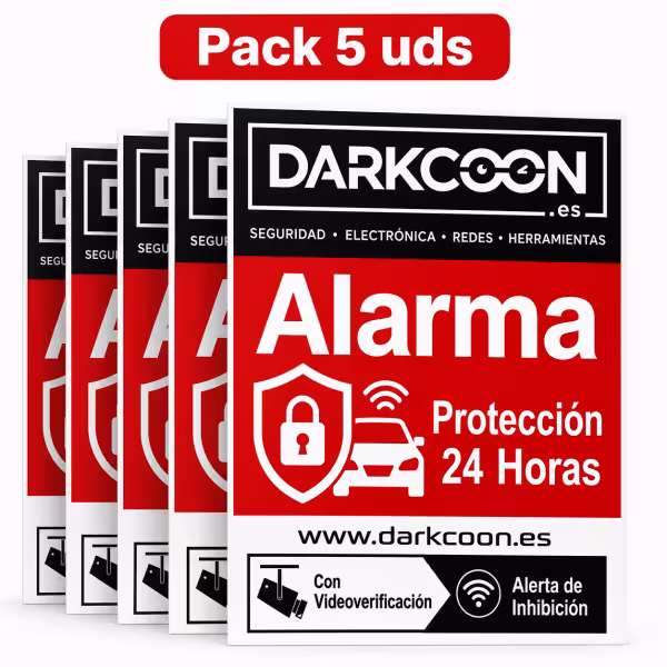 ALARM-5PEGATINAS-ES  Pegatina alarma conectada zona protegida 24 horas, videoverificación y anti inhibidores. Español.