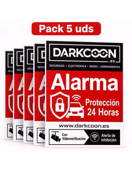 ALARM-5PEGATINAS-ES  Pegatina alarma conectada zona protegida 24 horas, videoverificación y anti inhibidores. Español.
