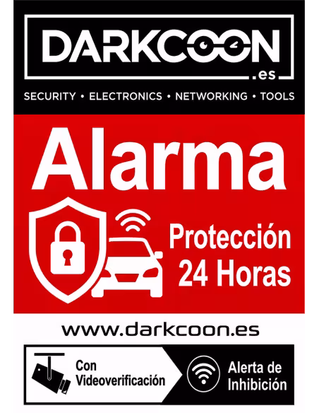 ALARM-5PEGATINAS-ES  Pegatina alarma conectada zona protegida 24 horas, videoverificación y anti inhibidores. Español.
