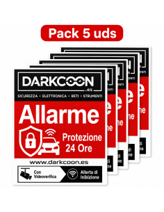 ALARM-5PEGATINAS-IT  Autocollant d’alarme connectée – zone protégée 24 h/24, vérification vidéo et anti-brouilleurs. Italien.