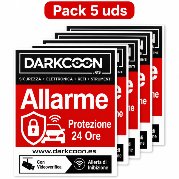 ALARM-5PEGATINAS-IT  Autocolante de alarme ligado, zona protegida 24 horas, videoverificação e anti-inibidores. Italiano.