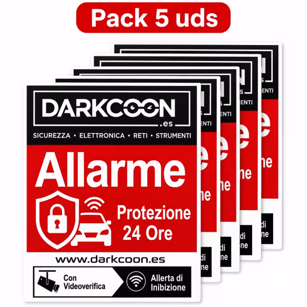 ALARM-5PEGATINAS-IT  Autocollant d’alarme connectée – zone protégée 24 h/24, vérification vidéo et anti-brouilleurs. Italien.