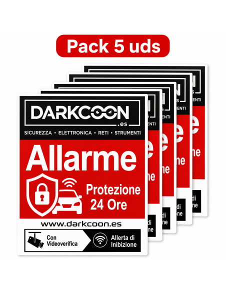 ALARM-5PEGATINAS-IT  Autocolante de alarme ligado, zona protegida 24 horas, videoverificação e anti-inibidores. Italiano.