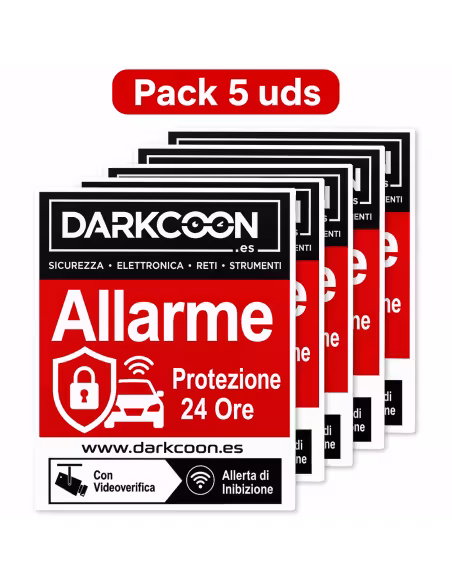 ALARM-5PEGATINAS-IT  Autocollant d’alarme connectée – zone protégée 24 h/24, vérification vidéo et anti-brouilleurs. Italien.