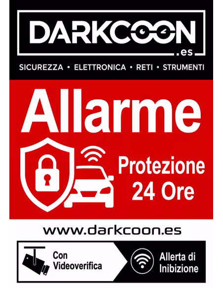 ALARM-5PEGATINAS-IT  Autocollant d’alarme connectée – zone protégée 24 h/24, vérification vidéo et anti-brouilleurs. Italien.