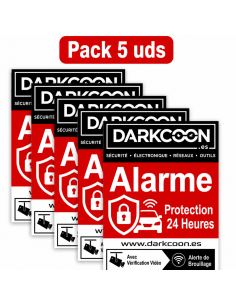 ALARM-5PEGATINAS-FR : Autocollant d’alarme connectée, zone protégée 24 heures sur 24, vérification vidéo et anti-brouillage. Fra