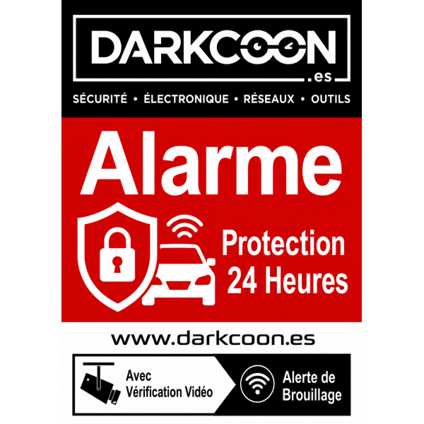 ALARM-CARTEL-FR  Cartello: allarme collegato, zona protetta 24 ore su 24 con videoverifica e anti-inibitori. Francese.