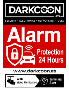 **ALARM-CARTEL-EN**  
Panneau : alarme connectée — zone protégée 24 h/24 avec vérification vidéo et dispositifs anti-brouillage.