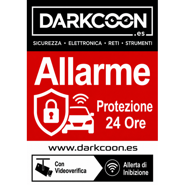 ALARM-CARTEL-IT  Placa de alarme ligado – zona protegida 24 horas com verificação por vídeo e anti-inibidores. Italiano.