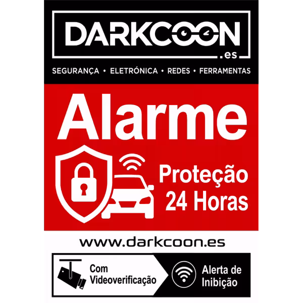 ALARM-CARTEL-PT  Placa de alarme ligado em zona protegida 24 horas com verificação por vídeo e anti-inibidores. Português.