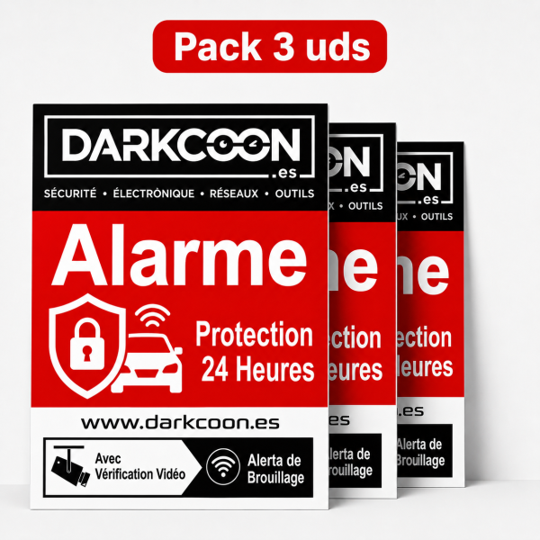 ALARM-3CARTELES-FR  Pack 3 carteles alarma conectada zona protegida 24 horas con videoverificación y anti inhibidores. Francés.