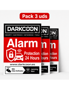 ALARM-3CARTELES-EN : Pack de 3 panneaux « alarme connectée », zone protégée 24 heures sur 24 avec vérification vidéo et anti-bro