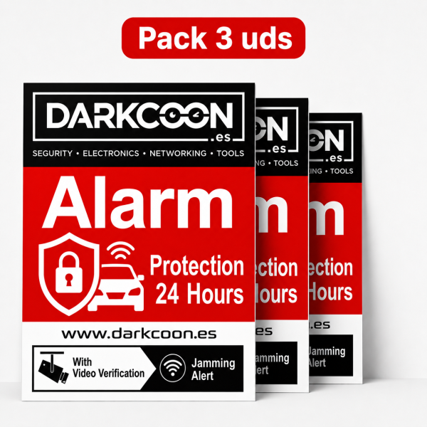 ALARM-3CARTELES-EN : Pack de 3 panneaux « alarme connectée », zone protégée 24 heures sur 24 avec vérification vidéo et anti-bro