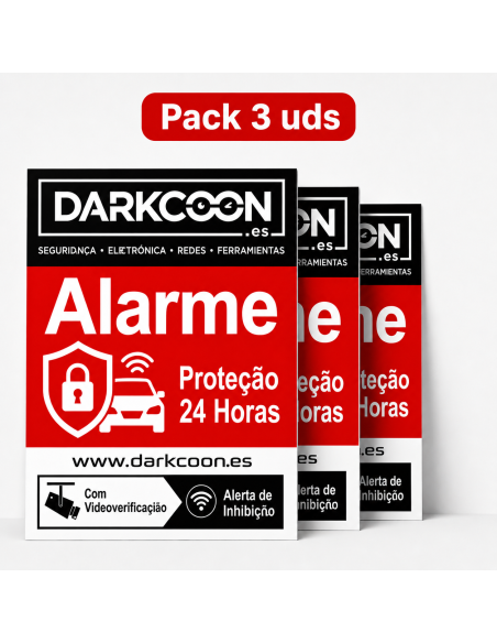 **ALARM-3CARTELES-PT**  Pack de 3 cartazes de alarme ligado, zona protegida 24h com videoverificação e anti-inibidores. **Portu