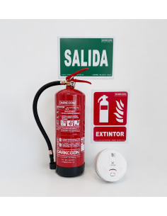 VU-KIT-APARTAMENTO-PLUS Kit de sécurité incendie pour appartement. Extincteur à poudre ABC 6 kg + Détecteur de fumée + panneau d