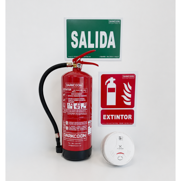 VU-KIT-APARTAMENTO-PLUS Kit seguridad incendio apartamento. Extintor polvo ABC 6Kg + Detector humo + señal extintor y salida