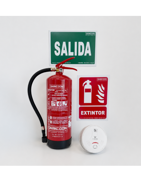 VU-KIT-APARTAMENTO-PLUS Kit de segurança contra incêndio para apartamento. Extintor de pó ABC 6 kg + Detetor de fumo + sinalizaç