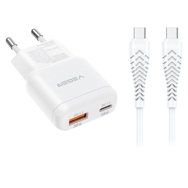Comprar VEGER VG-TR120-KIT-30W1A1C VEGER - Cargador de pared - Carga rápida 30W |  Con tecnología GaN - Salidas USB-C, USB-A - C