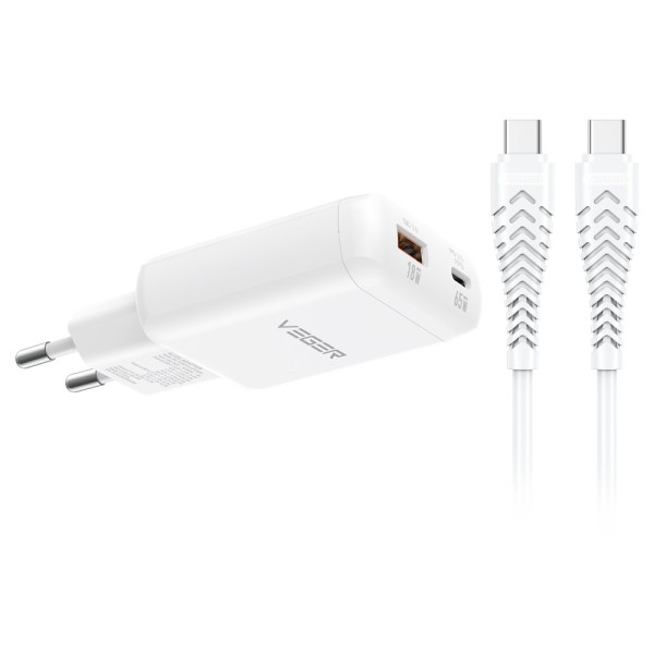 Acheter VEGER VG-TR122-KIT-65W1A1C VEGER - Chargeur mural - Charge rapide 65 W | Avec technologie GaN - Sorties USB-C, USB-A - C