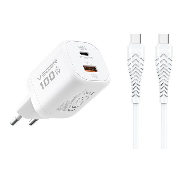 Acheter VEGER VG-TR150-KIT-100W1A1C VEGER - Chargeur mural - Charge rapide 100 W | Avec technologie GaN - Sorties USB-C, USB-A -