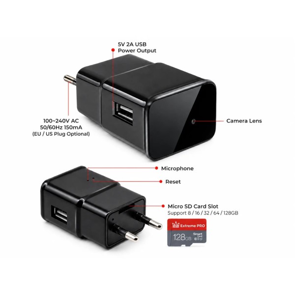 OEM QZTS6 Câmara oculta espiã em carregador de telemóvel smartphone USB. Com Wi‑Fi. 1080p Full HD