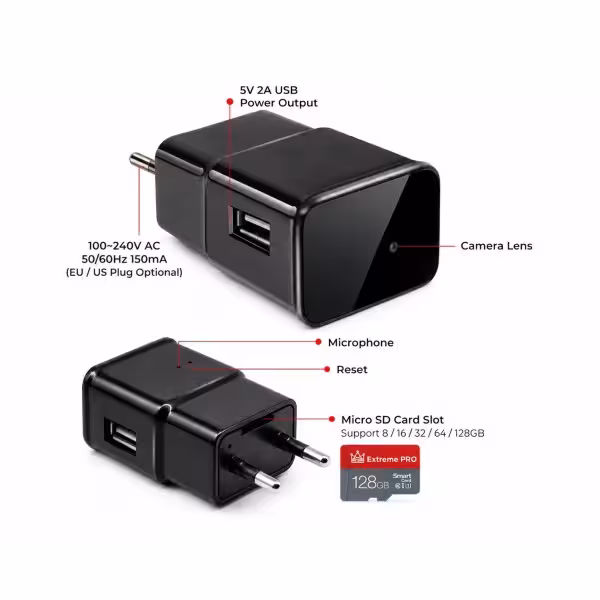 OEM QZTS6 Cámara oculta espía en cargador de móvil smartphone USB . Con WIFI. 1080p Full HD