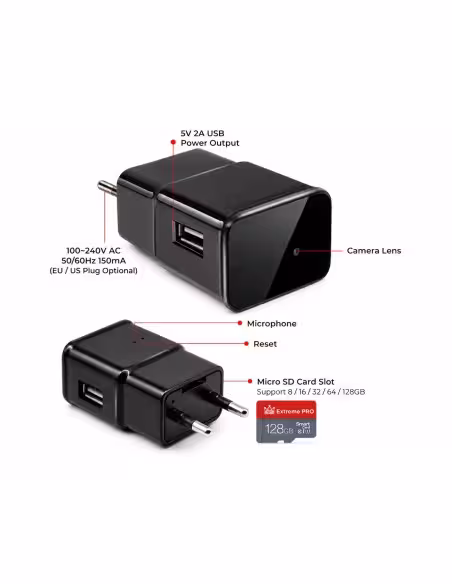 OEM QZTS6 Cámara oculta espía en cargador de móvil smartphone USB . Con WIFI. 1080p Full HD